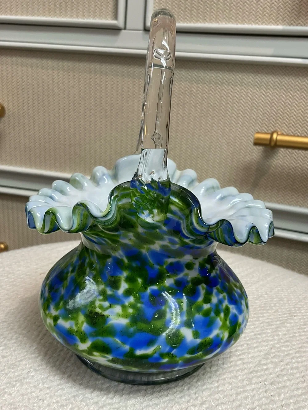 Vintage Fenton Glass Basket Aventurine Vasa Murrhina Green Blue
